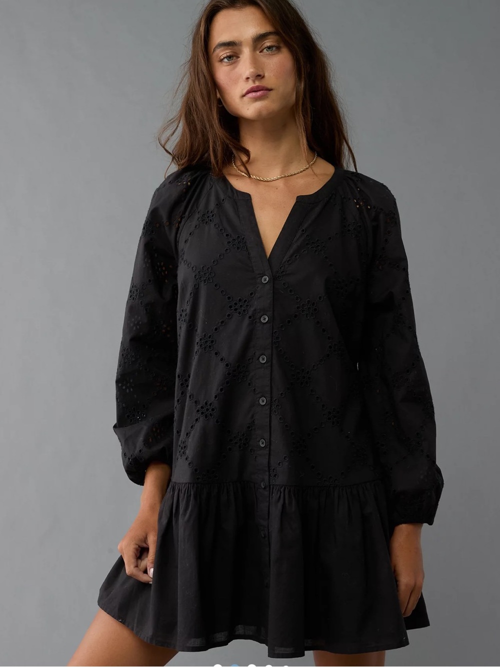 AE Drop Waist Mini Shirt Dress Poplin Eyelet Black Sz S